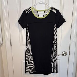 Title nine Black Dress with White Graphic Panels and Lime Neck Trim